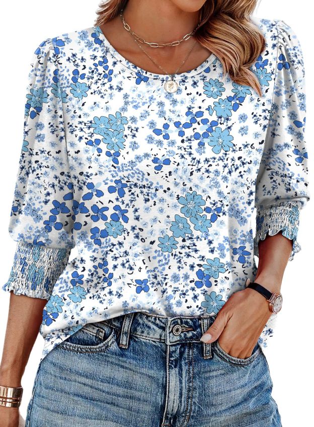 Ladies' casual round-neck three-quarter sleeve top summer printed casual T-shirt