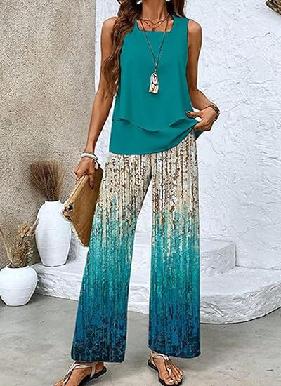 Green Plant Print Square Neck Two Piece Set