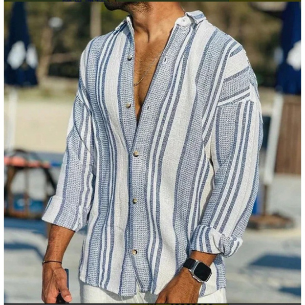 3D digital printing striped men's casual long-sleeved cotton and linen shirt