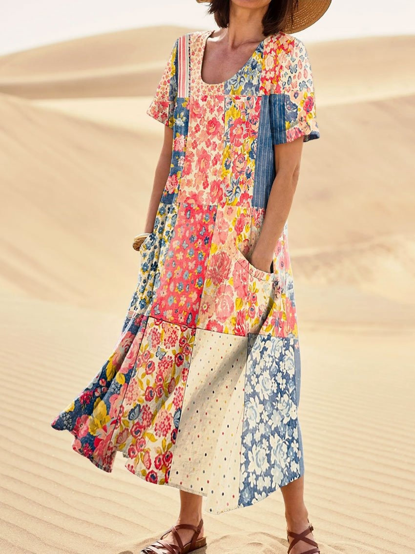 Women's Short-Sleeved Printed Long Dress