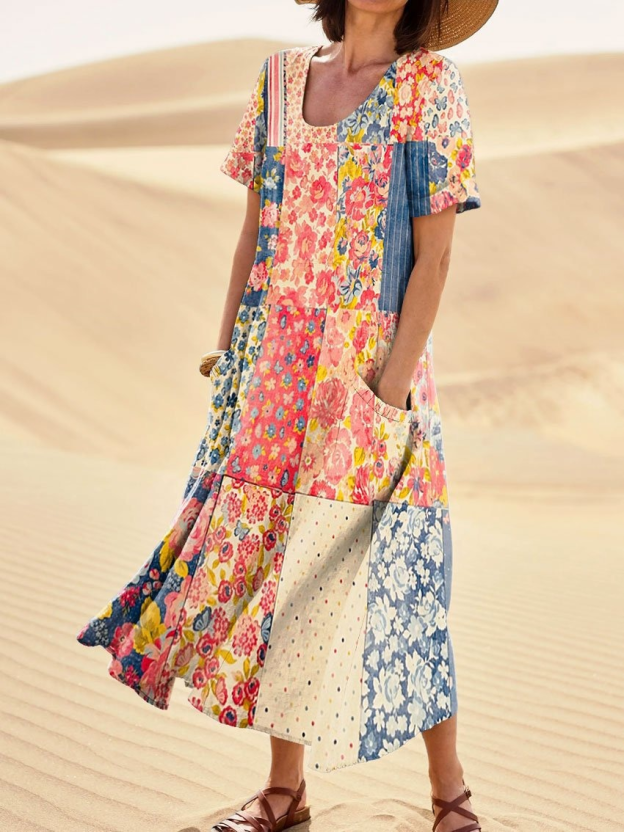 Women's Short-Sleeved Printed Long Dress