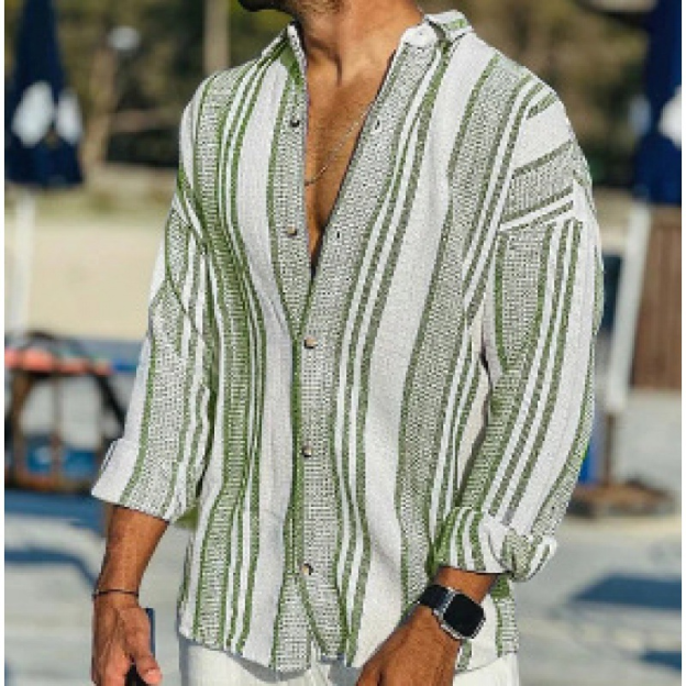 3D digital printing striped men's casual long-sleeved cotton and linen shirt