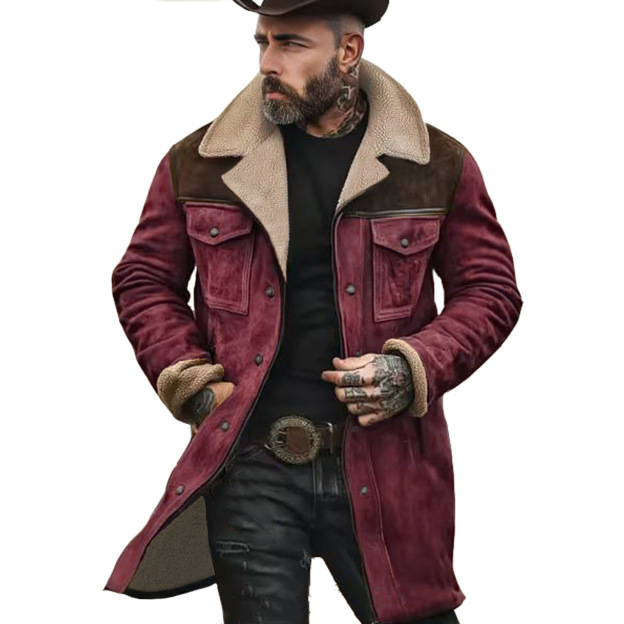 Men's Vintage Suede Patchwork Lamb Fleece Multi-Pocket Reverse Collar Outdoor Jacket Coat