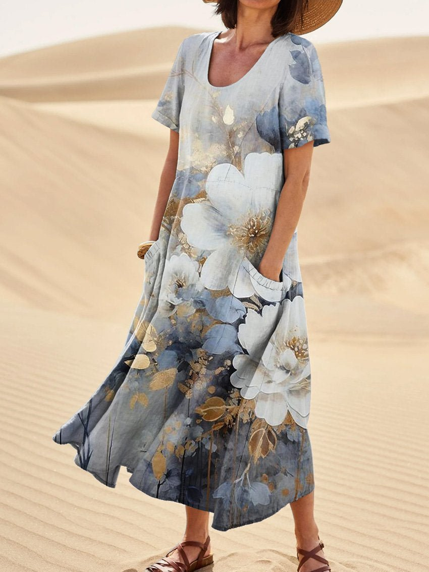 Women's Short-Sleeved Printed Long Dress