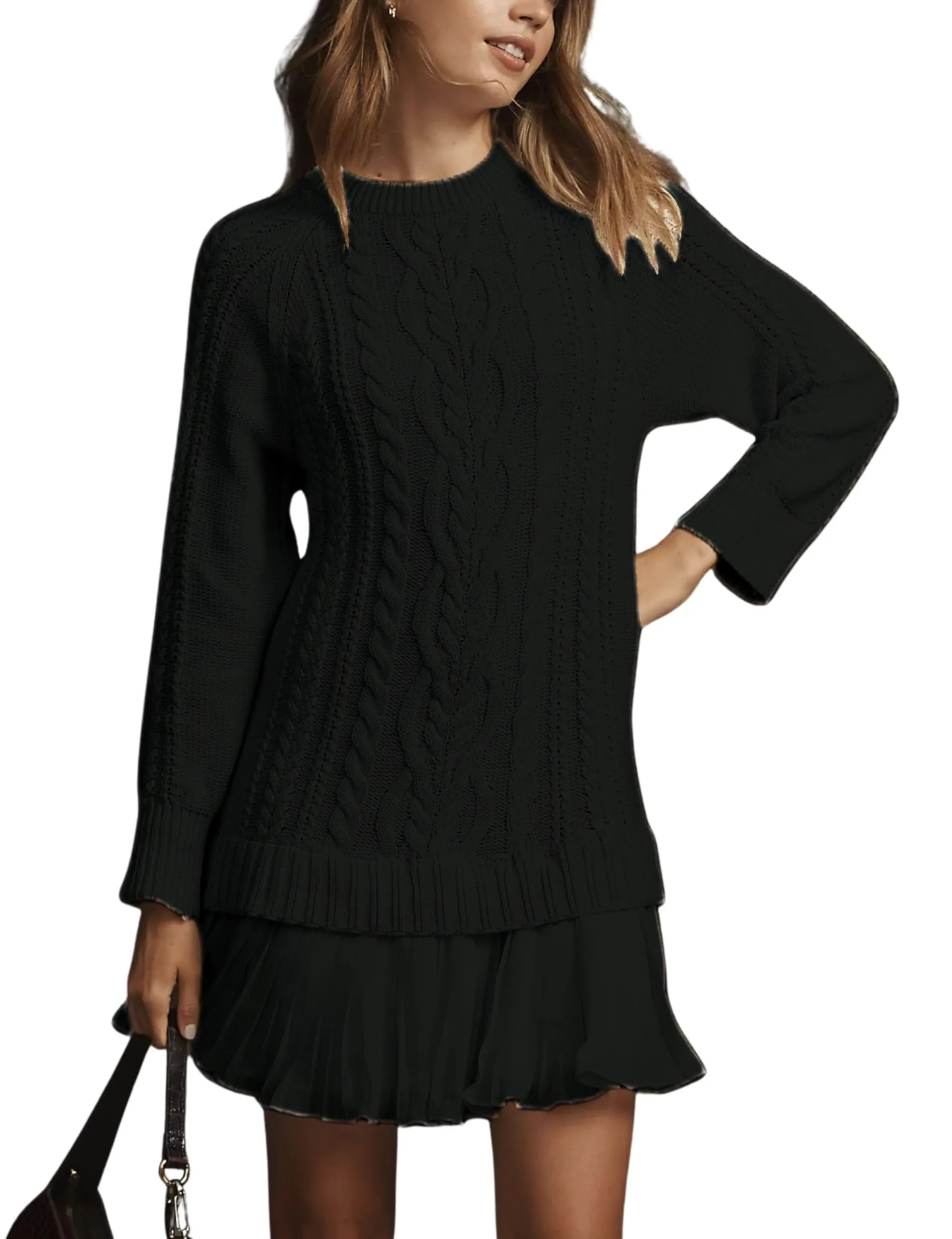 Women Crewneck Cable Knit Sweater Mini Dress