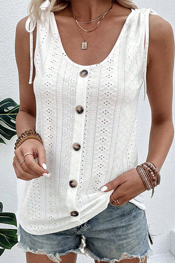 Solid Color U Neck Drawstring  Casual Tops