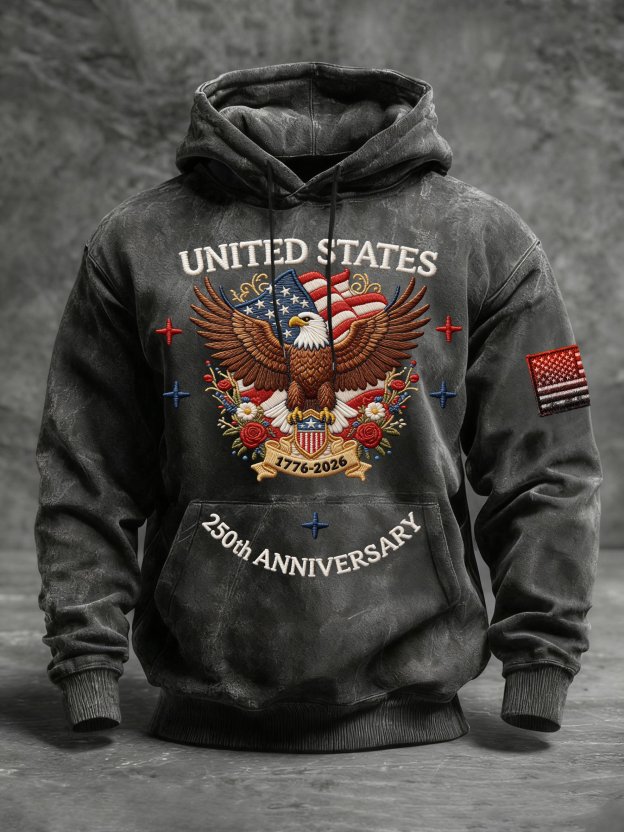 Men's Vintage American Flag Print Hooded Sweatshirt
