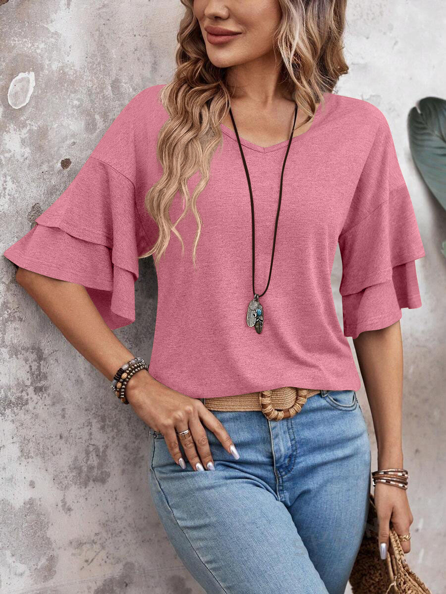 summer solid-color V-neck double-layer sleeve loose short-sleeve T-shirt