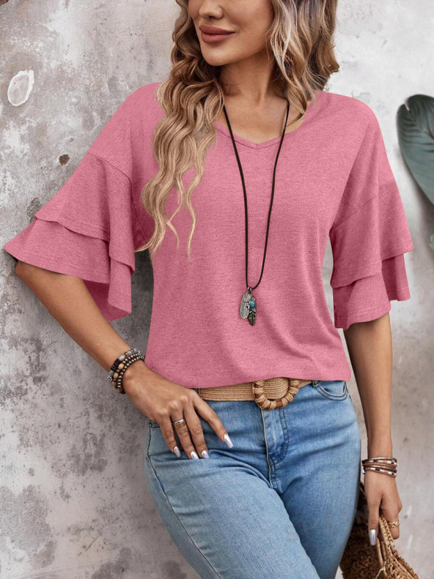 summer solid-color V-neck double-layer sleeve loose short-sleeve T-shirt