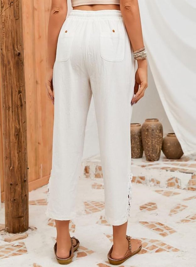Fashionable Lace Paneled High-Waist Drawstring Pocket Buttoned Cropped Pants