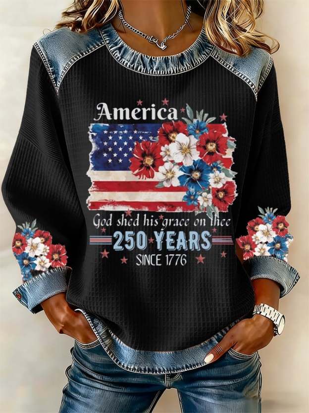 Women's 250th Anniversary National Flag Floral Print Waffle Sweatshirt