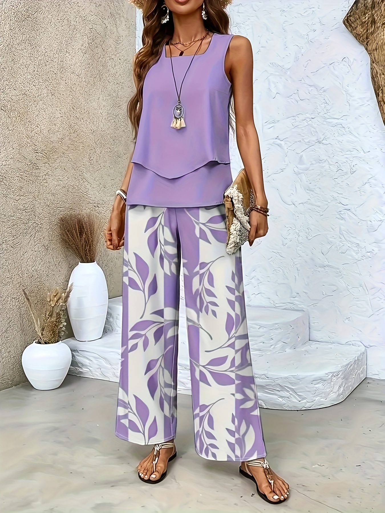 Green Plant Print Square Neck Two Piece Set