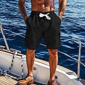 Men's Cargo Shorts Shorts Linen Shorts Summer Shorts Beach Shorts Drawstring Elastic Waist Cargo Pocket Plain Comfort Breathable Knee Length Outdoor Casual Daily Vacation Fashion Black White