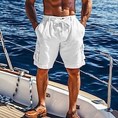 Men's Cargo Shorts Shorts Linen Shorts Summer Shorts Beach Shorts Drawstring Elastic Waist Cargo Pocket Plain Comfort Breathable Knee Length Outdoor Casual Daily Vacation Fashion Black White