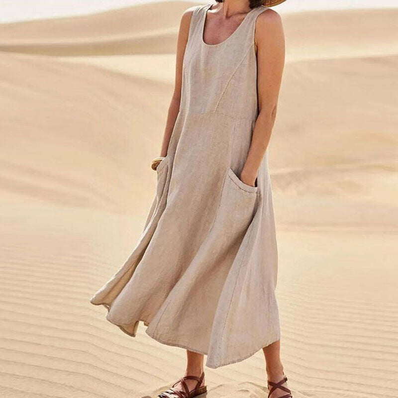 Women's Maxi Dress - Sleeveless Linen - Loose Fit with Pockets - Flowy