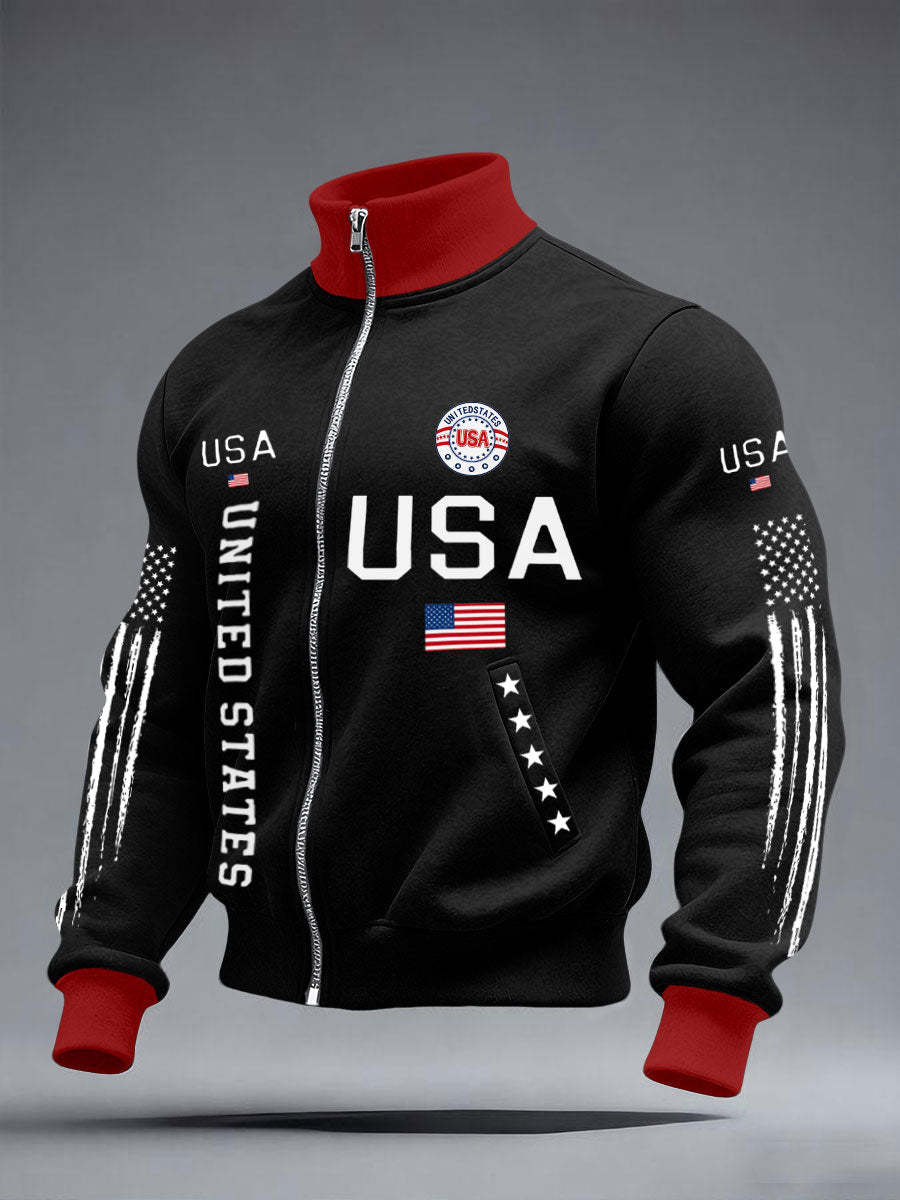 Men’s Stars and Stripes Jacket – American Style Zip-Up Outerwear