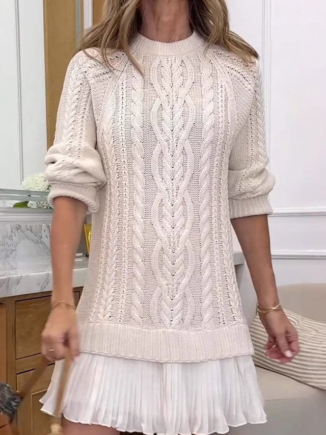 Women Crewneck Cable Knit Sweater Mini Dress