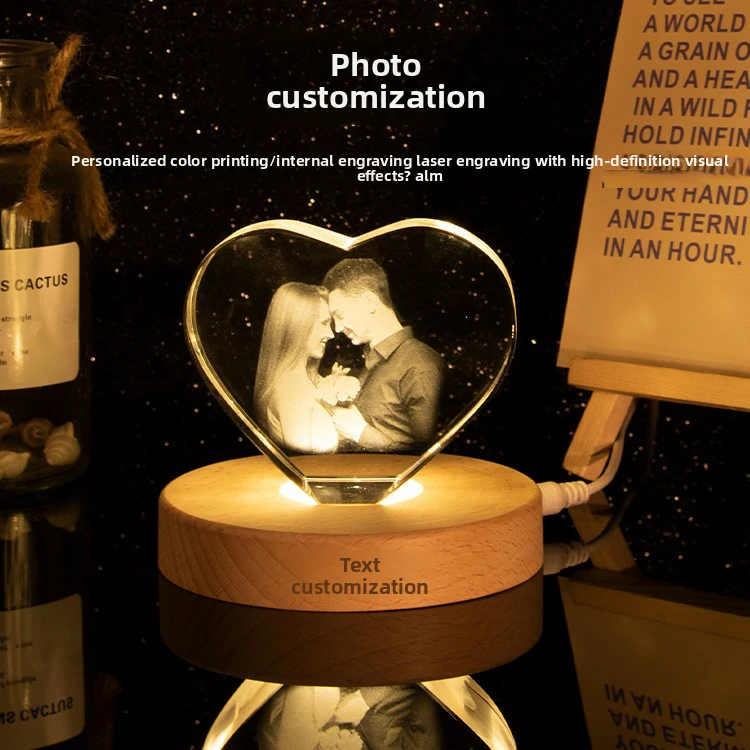 Personalized Crystal Photo and Text Desktop Decor Custom Photo Night Light Optional Crystal Shapes