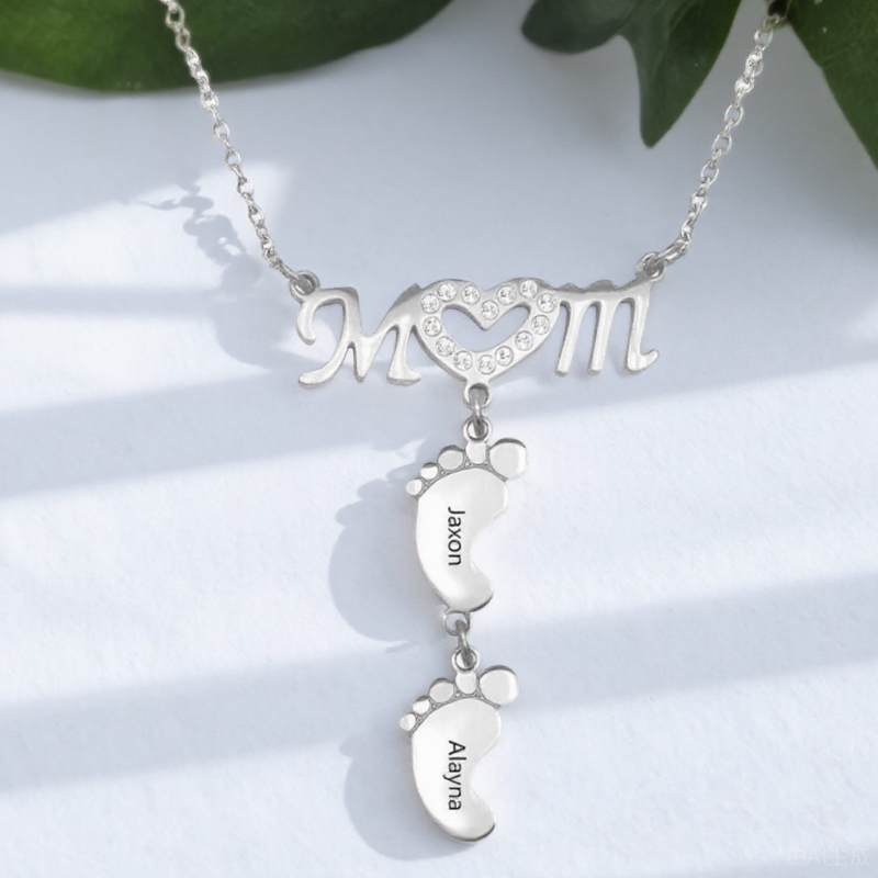 Custom Engraved Name Necklace Personalized Love Mom Heart Baby Feet Charm For Mother's Day-larkway tradelink