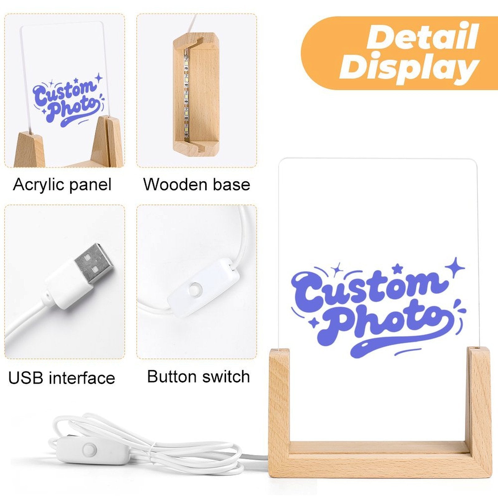 Custom Photo Acrylic Night Light Wood Base Color Changing Personalized Gift-larkway tradelink