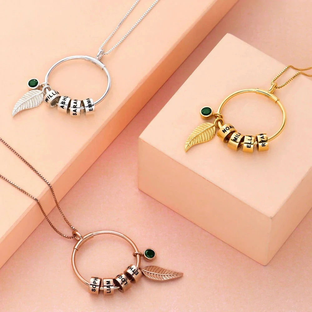 Personalized Birthstone Stainless Steel Leaf shaped Necklace Customized Text Gift-larkway tradelink