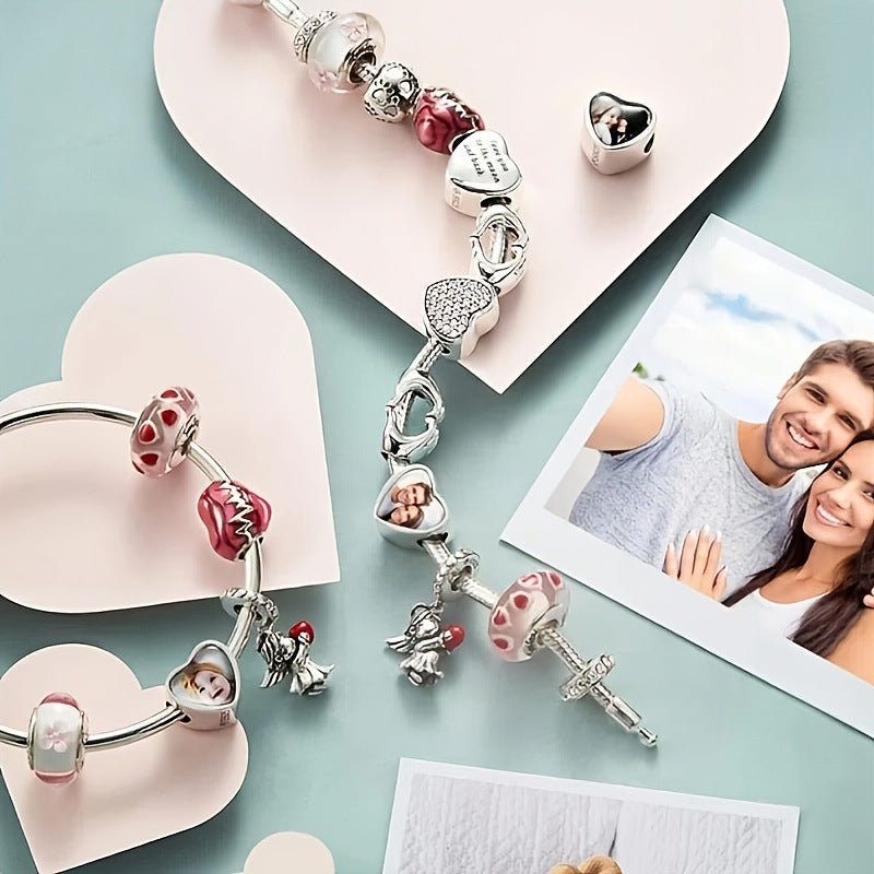 Personalized Silver Plated Heart Shaped Bracelet Custom Heat Transfer Photo For Couple-larkway tradelink