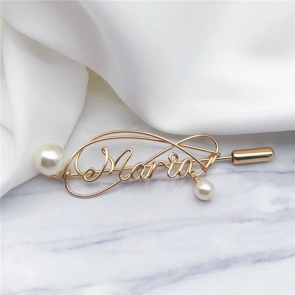 Custom gold clad Pearl Pin Personalized Letter Name Stylized Design Gift 6.6cm Length-larkway tradelink