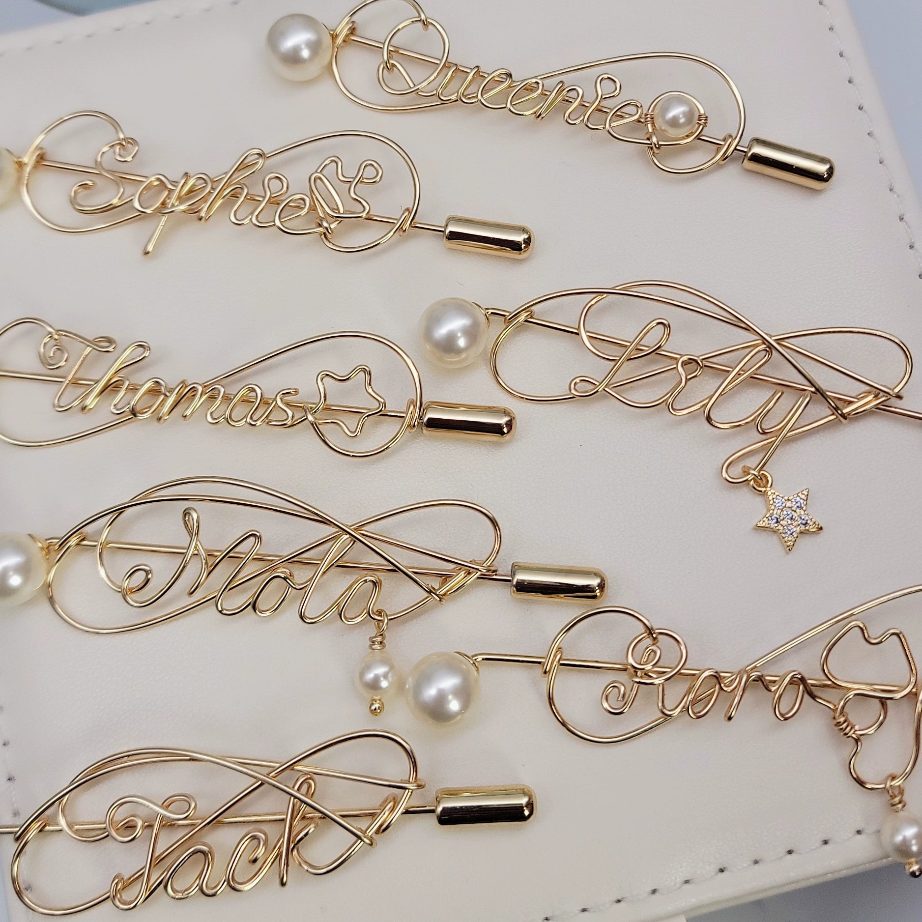 Custom gold clad Pearl Pin Personalized Letter Name Stylized Design Gift 6.6cm Length-larkway tradelink