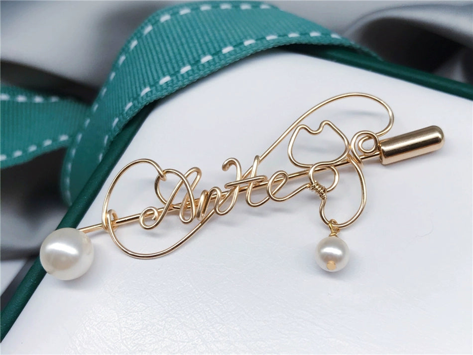 Custom gold clad Pearl Pin Personalized Letter Name Stylized Design Gift 6.6cm Length-larkway tradelink