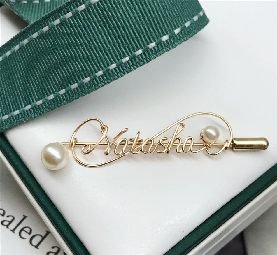 Custom gold clad Pearl Pin Personalized Letter Name Stylized Design Gift 6.6cm Length-larkway tradelink