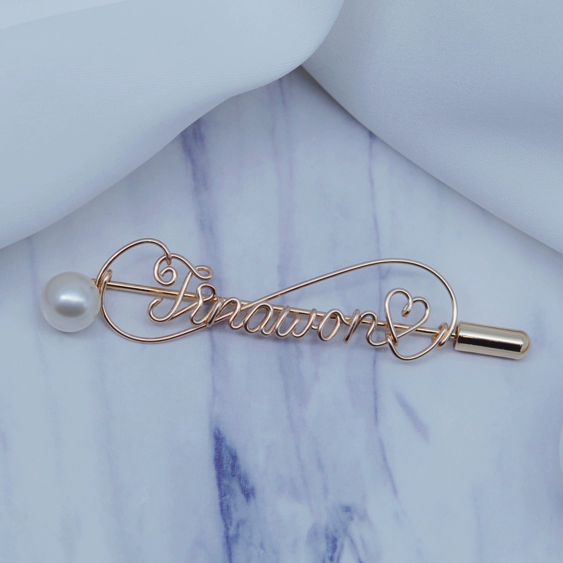 Custom gold clad Pearl Pin Personalized Letter Name Stylized Design Gift 6.6cm Length-larkway tradelink