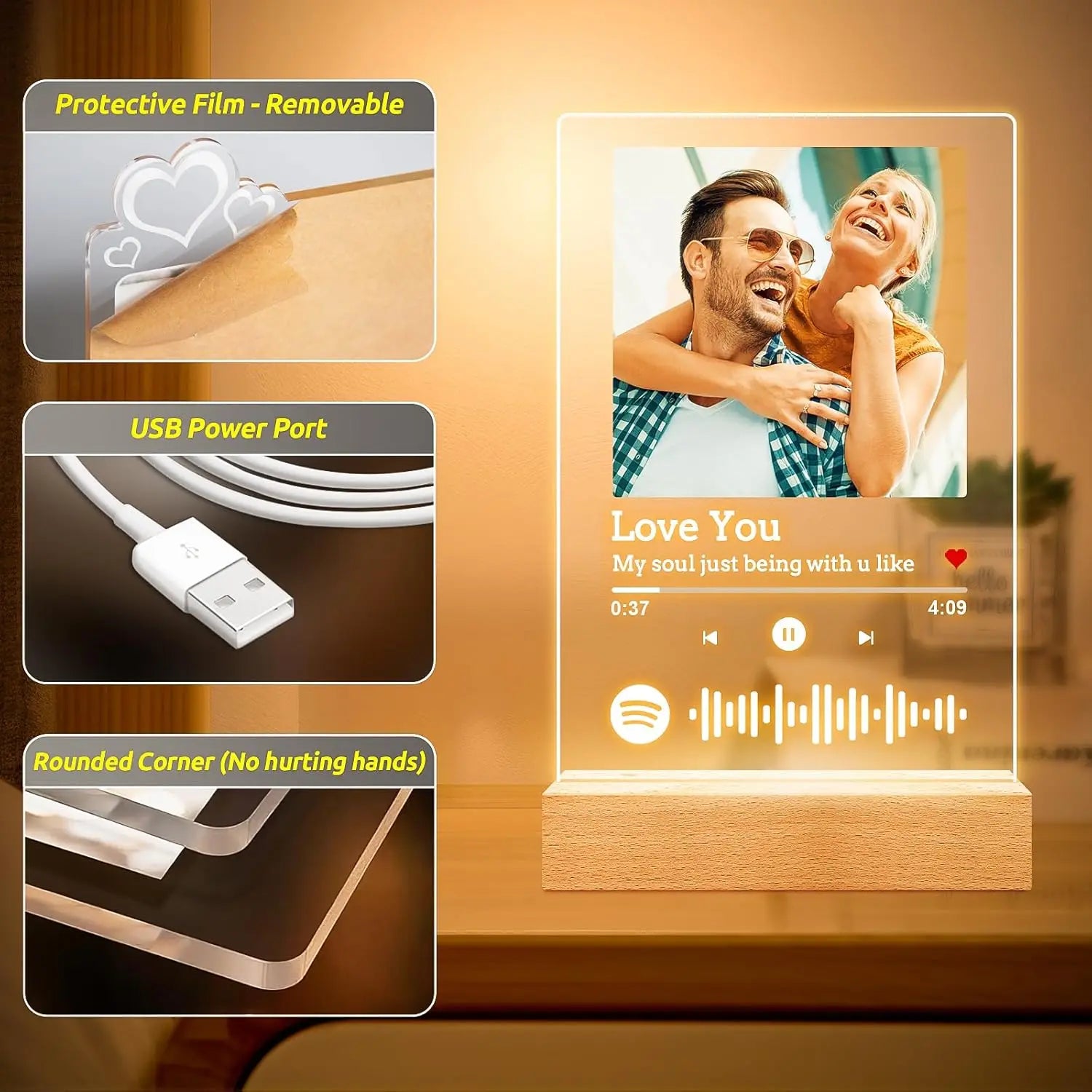 Personalized Acrylic Spotify Music  Custom Photo Plaque with LED Night Light-larkway tradelink