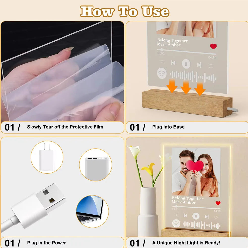 Personalized Acrylic Spotify Music  Custom Photo Plaque with LED Night Light-larkway tradelink