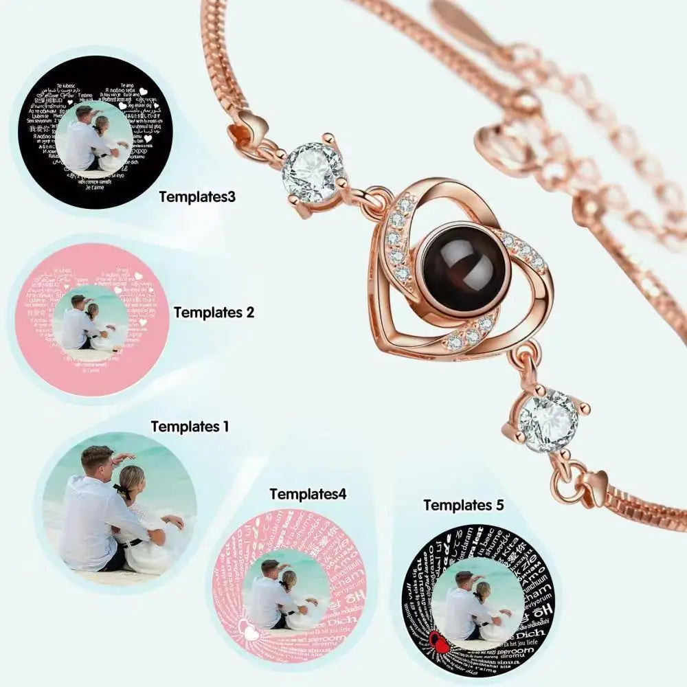 Custom Photo Projection Bracelet Heart Zircona Pendant Stainless Steel Couple DIY Picture Inside Bracelet For Women Jewelry-larkway tradelink