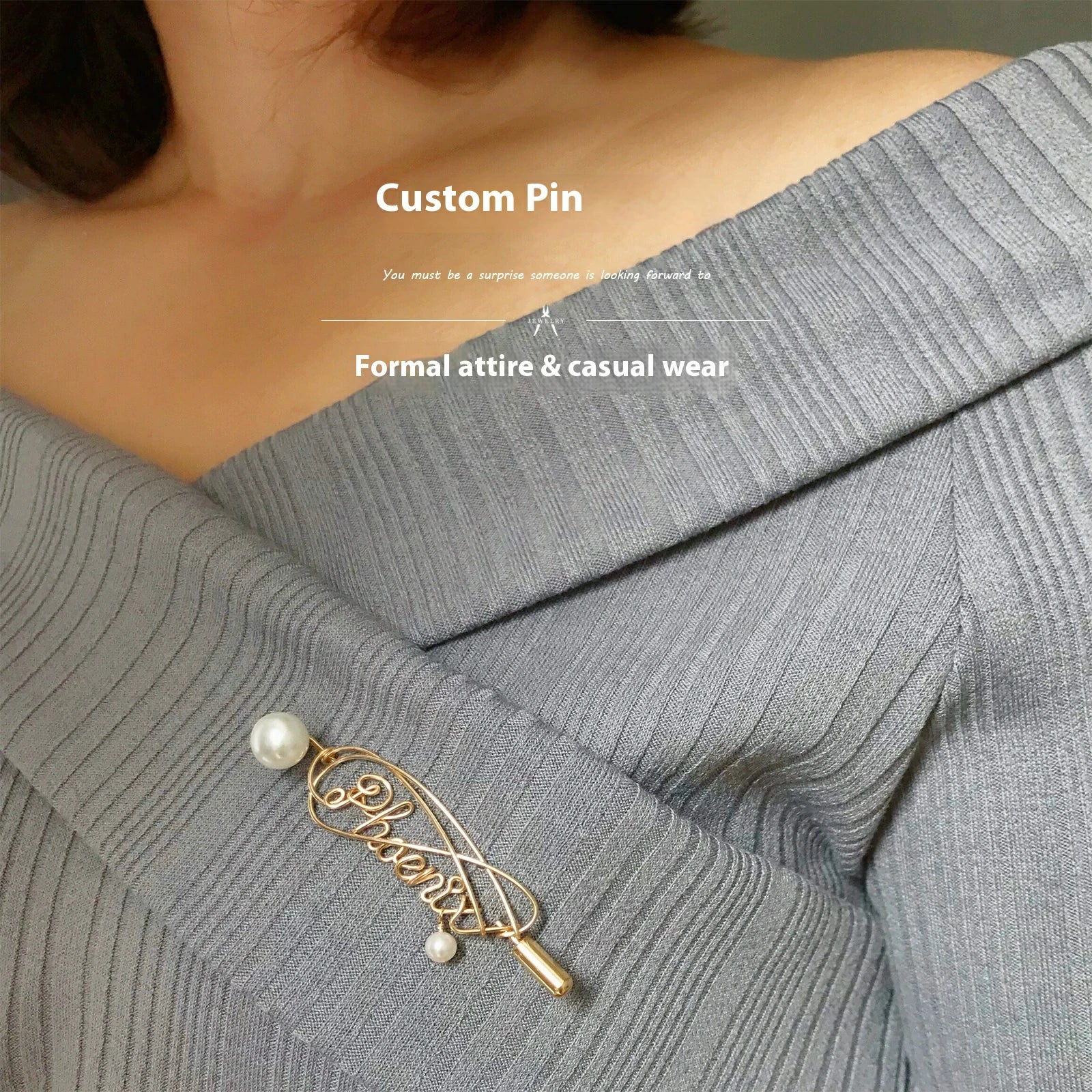 Custom gold clad Pearl Pin Personalized Letter Name Stylized Design Gift 6.6cm Length-larkway tradelink