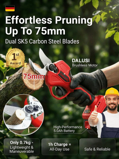 ✂️ High-speed electric lithium-ion pruning shears, wirelessly powered for easy and efficient pruning of thick branches!