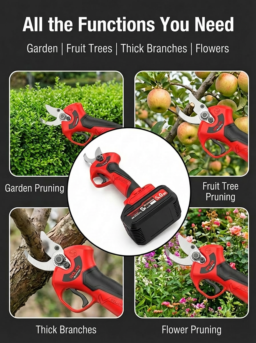 ✂️ High-speed electric lithium-ion pruning shears, wirelessly powered for easy and efficient pruning of thick branches!