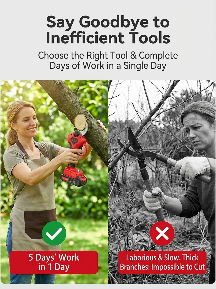 ✂️ High-speed electric lithium-ion pruning shears, wirelessly powered for easy and efficient pruning of thick branches!