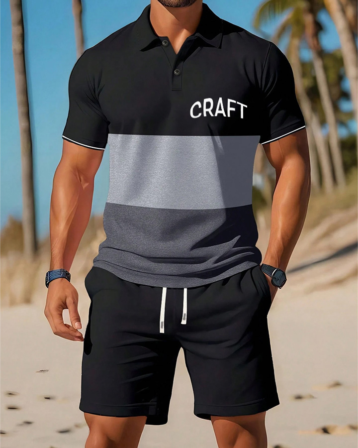 Men's Daily Casual Three-Color Stitching Fashion Art Street Style POLO Shirt Set