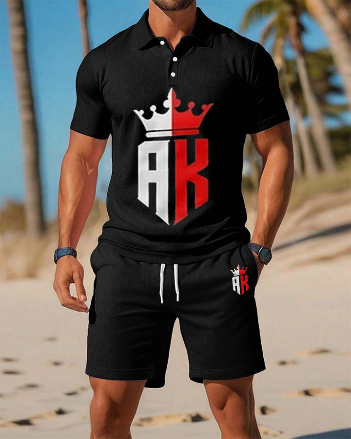 Men's Summer Beach Collection Red And White AK Printed Casual Holiday Style POLO Shirt Set