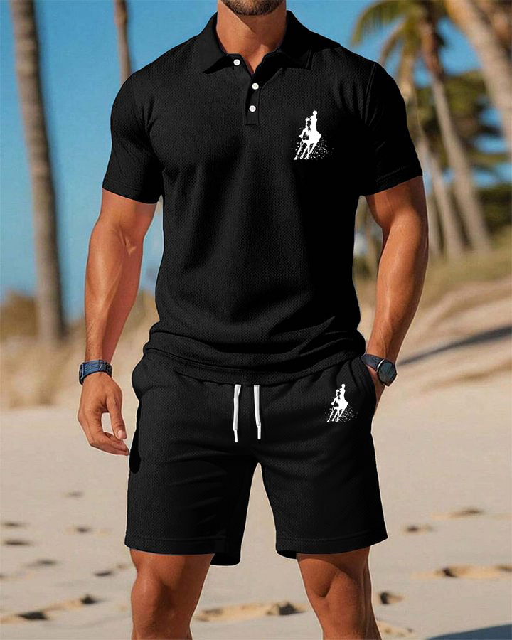 Men's Summer Beach Colorful Horse Rider Casual Resort Style POLO Shirt Suit