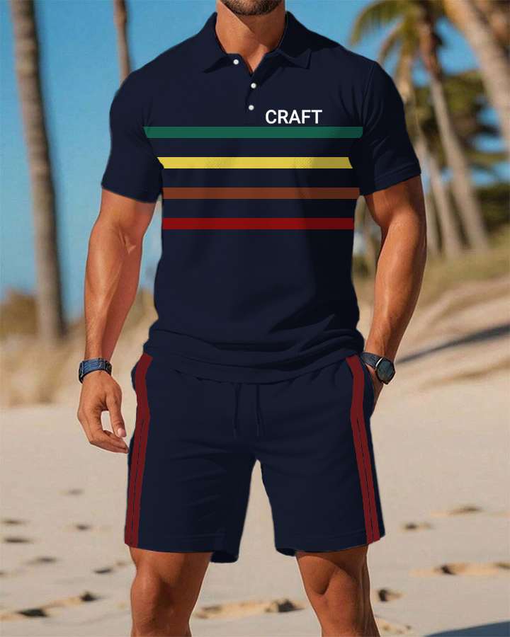 Men’s Summer Fashion Colorful Stripes Casual POLO Shirt Set