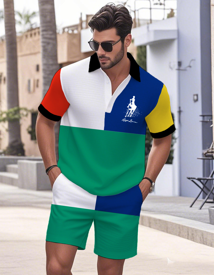 Men's Classic Casual Splicing Design Fashion Street Style POLO Shirt Set