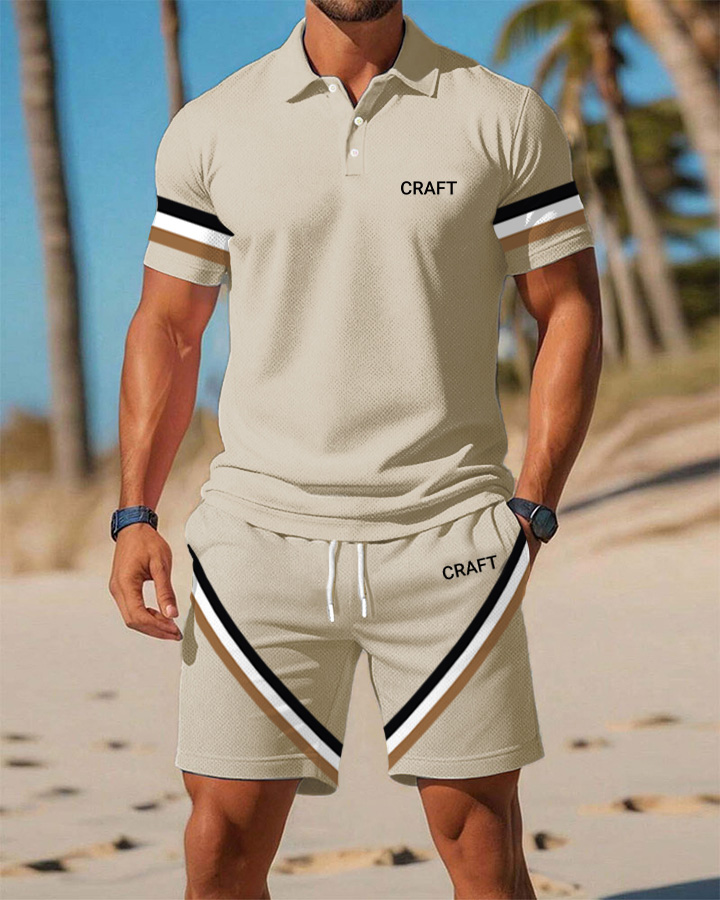 Men's Summer Beach Classic Print Casual Resort Style POLO Shirt Set