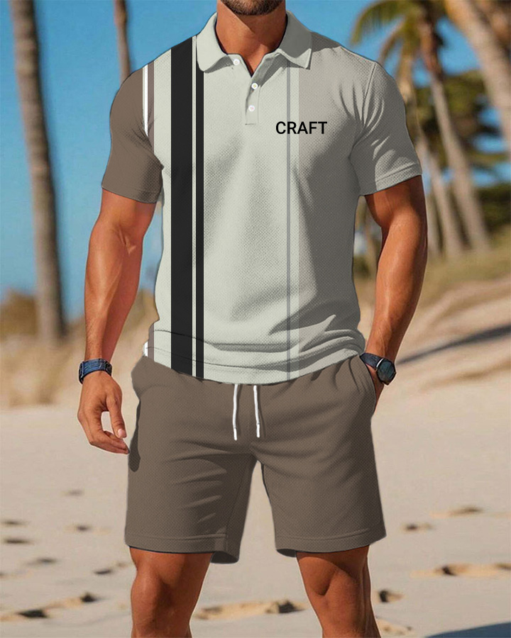 Men's Summer Beach Series Tricolor Vertical Stripes Casual Holiday Style POLO Shirt Set