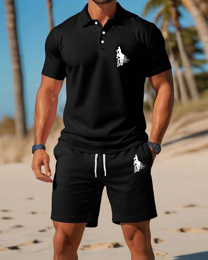 Men's Summer Seaside Series Horseback Riding Character Logo Design Casual Holiday Style POLO Shirt Set