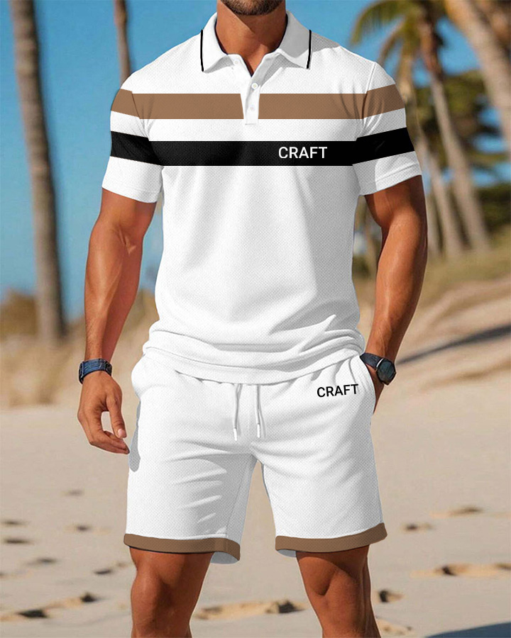Men's Summer Beach Series Horizontal Stripe Decoration Design CRAFT Printed Casual Resort Style Shirt Set