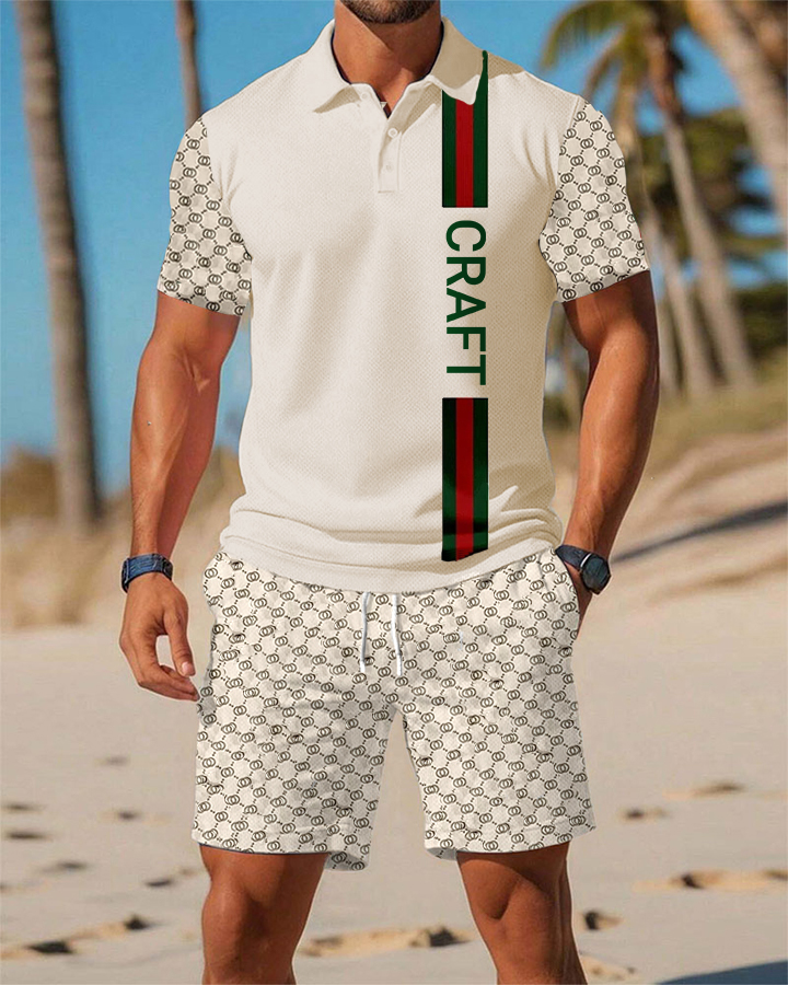 Men's Vintage Beige Splicing Print POLO Short Sleeve Shorts Suit