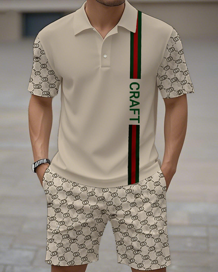 Men's Vintage Beige Splicing Print POLO Short Sleeve Shorts Suit