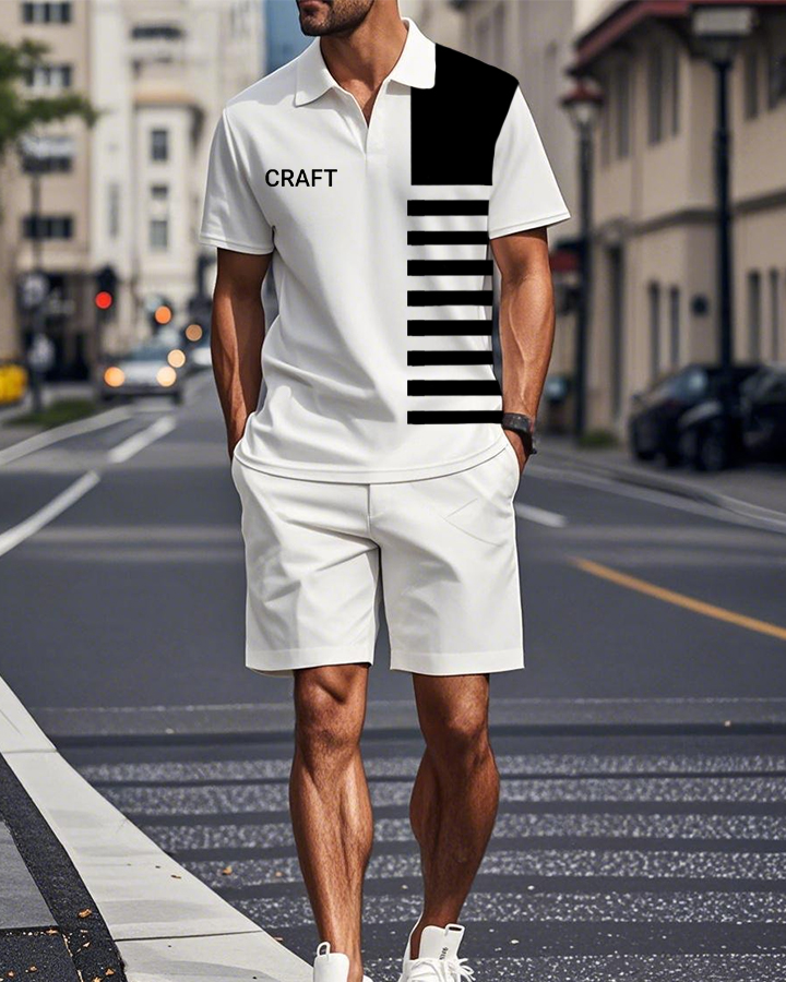Men's Vintage Black Striped Short Sleeve Shorts Suit